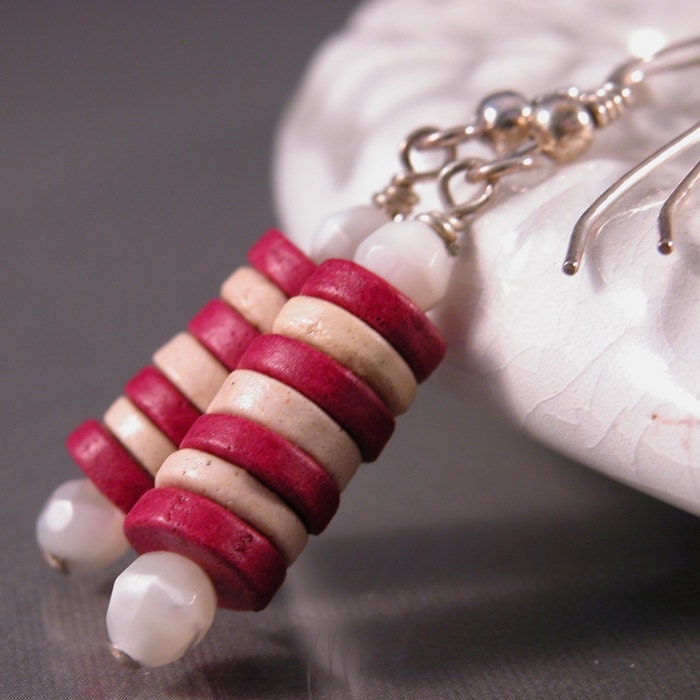 Maroon, Ivory ceramic, Mother of Pearl, sterling earrings - Raspberries and Cream