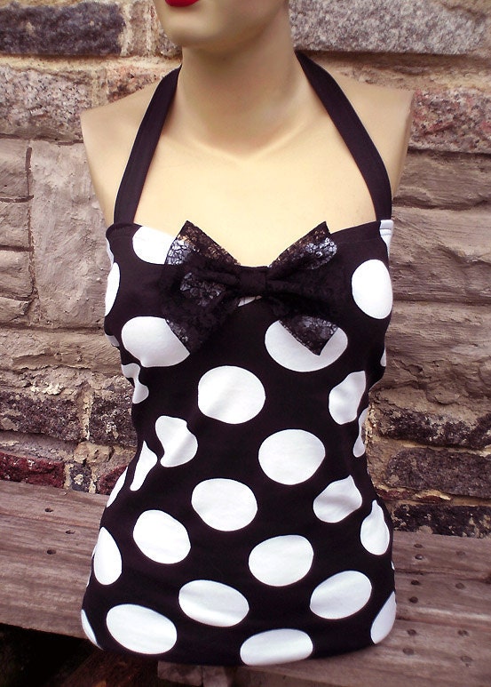 Happy exibitionist PIN UP TOP by You Bad Girl fashion - Custom made to your size - black and white big polka dot fun lace bow flirty circus