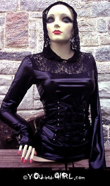 Steampunk SHINY diy HOODIE top blouse by You bad Girl,  pvc lycra and black lace corset  fetish sexy cyber witch - handmade to your size