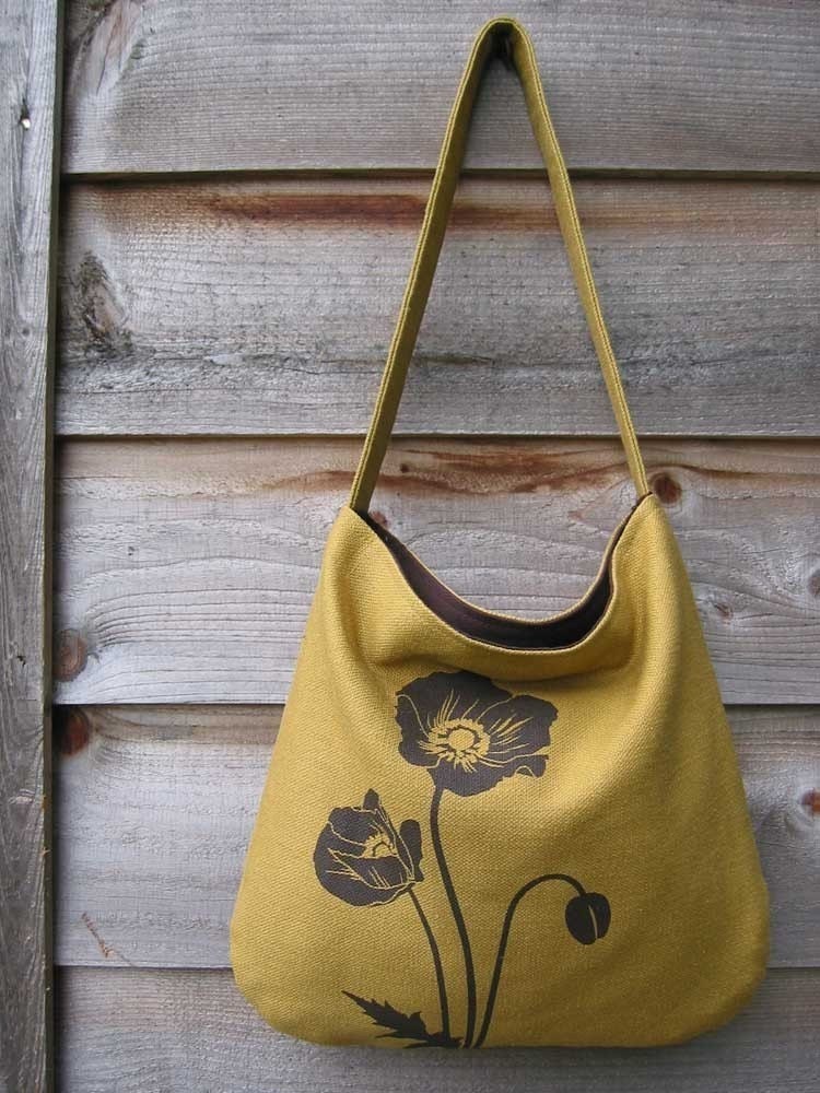 Hemp Bag with Poppies Organic Cotton Linging - Deep Gold Mustard