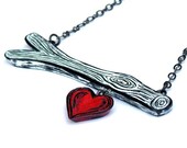 Valentine's Day - Black and White Tree Branch Necklace with a Red Heart  "Out on A Limb "-  My Heart