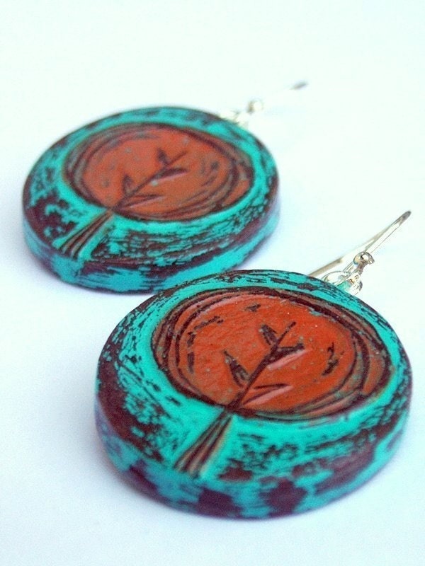 20% OFF SALE - Turquoise and Rust Red Tree Hugger Dangle Earrings
