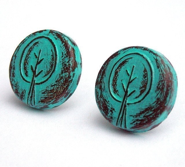 20% OFF SALE - Turquoise Retro Tree Stud Earrings - Post Earrings
