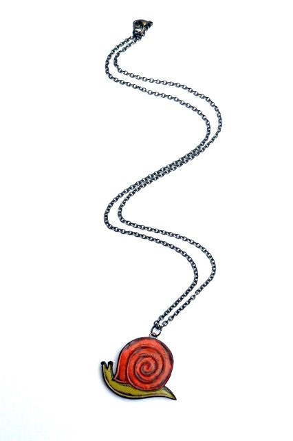 Orange and Green Retro Snail Necklace - Slow Down