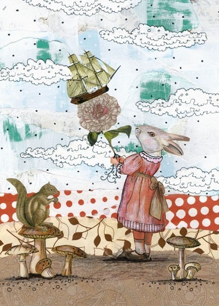 Rabbit Art Print , Surreal Art , Mixed Media Collage Art , Whimsical Art Rproduction
