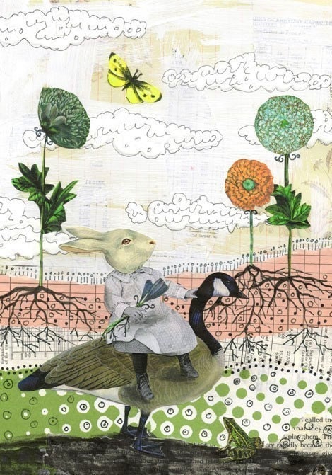 Rabbit Animal Art Print , Collage Art  Reproduction , Whimsical Art , 5x7
