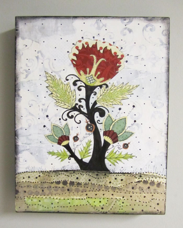 Original Flower Painting , Mixed Media Collage Painting , Folk Art Flower Painting , Whimsical Art