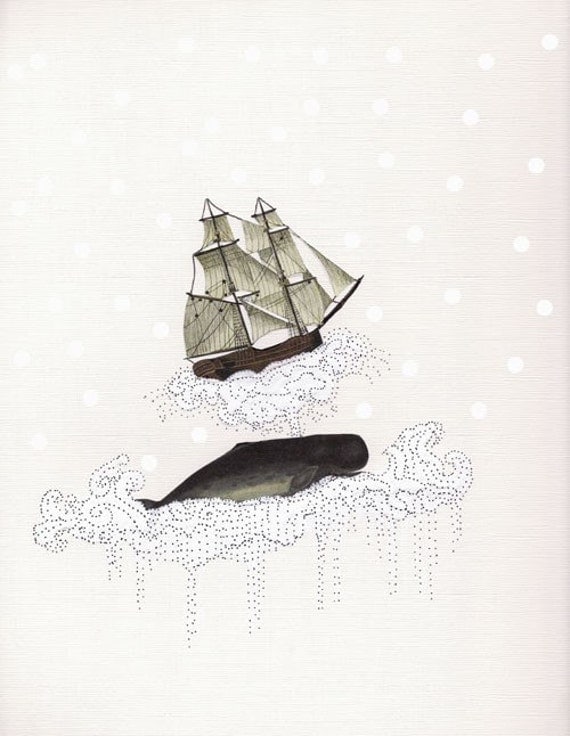Whale Art Print , Whale Illustration , Mixed Media Collage , Whimsical Art