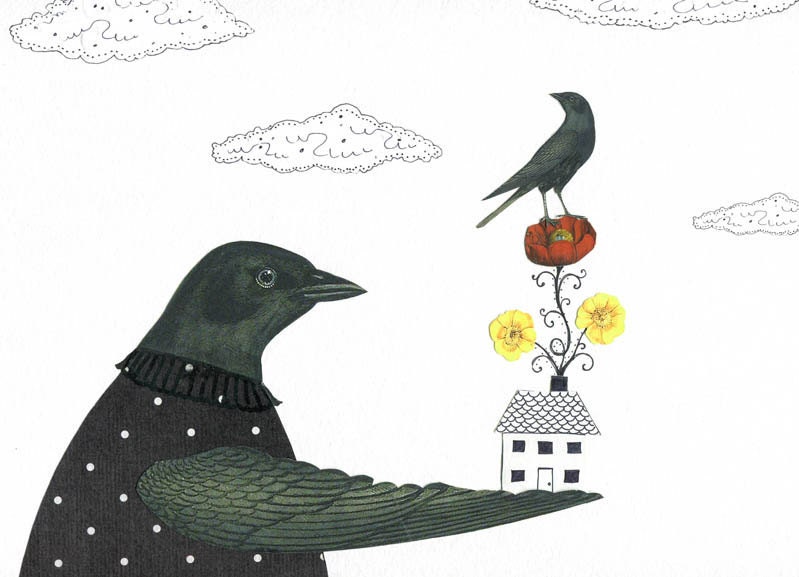 Black Bird Art Print , Collage Art , Reproduction , Whimsical Art , 5x7