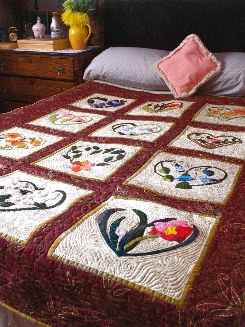 Queen Coverlet Sized Appliqued Quilt with Heart and Flower Motif