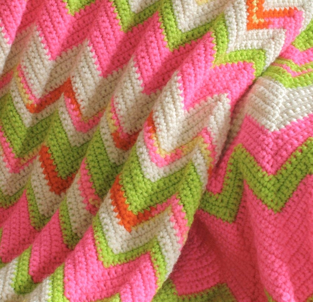 Psychedelic Zigzag Afghan Wool Neon Pink Lime Green White Ripple Blanket