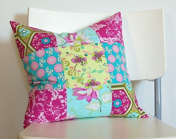 SALE Patchwork Pillow Cover - Aqua Pink Yellow 16 inch