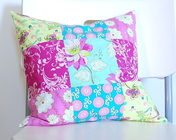 SALE Patchwork Pillow Cover - Aqua Pink Yellow 16 inch