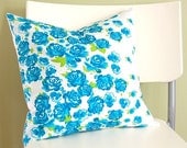 SALE Aqua Flowers Pillow Cover 16-inch