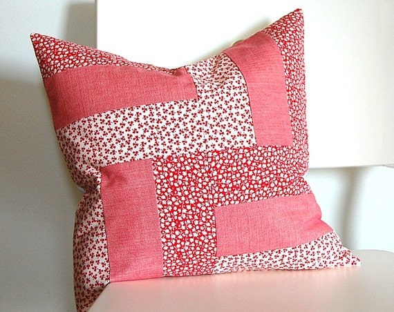 SALE Red Patchwork Quilt Block Pillow Cover 16-inch