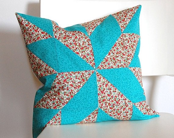 SALE Aqua Red Patchwork Quilt Block Pillow Cover 16-inch