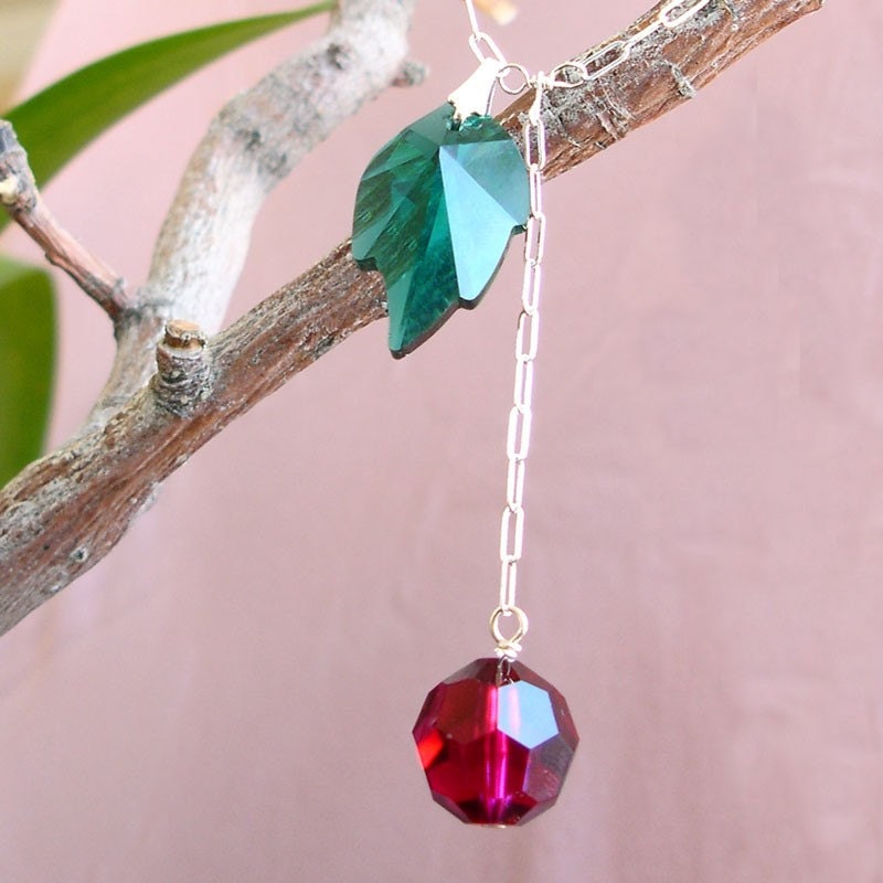 Cherry Bomb Necklace Sterling Silver Box Chain Swarovski Crystal leaf dangle retro style