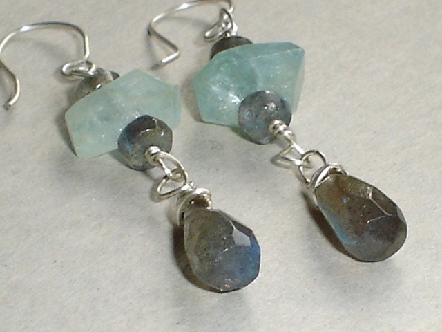Aquamarine Labradorite Earrings Nugget with Briolettes Sterling Silver Wire Wrapped