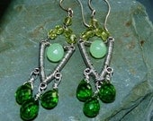 Emerald and Prehnite Oxidized Silver Woven Earrings
