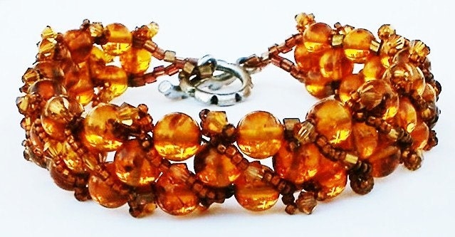 Baltic Amber Beadwoven Bracelet, Hand Beaded, Seed Beads Swarovski Crystal