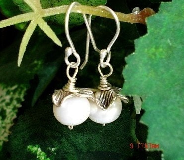 Cultured White Pearl Earrings, Fine Silver Wedding Earrings