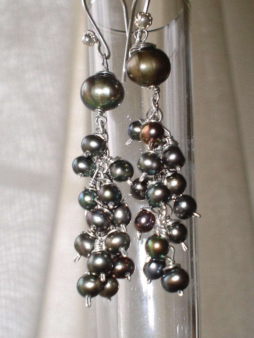 Tahitian Peacock Freshwater Pearl Wire Wrapped Dangle Earrings