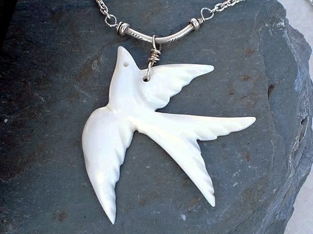 Swallow Flight Mother of Pearl Fine Silver Necklace