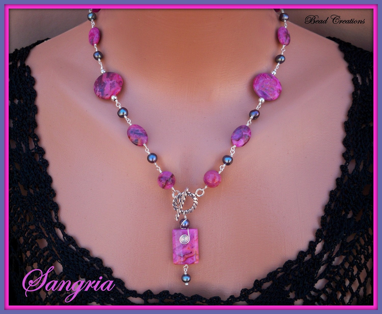 Raspberry Crazy Lace Agate Necklace Pink Pearl Sangria