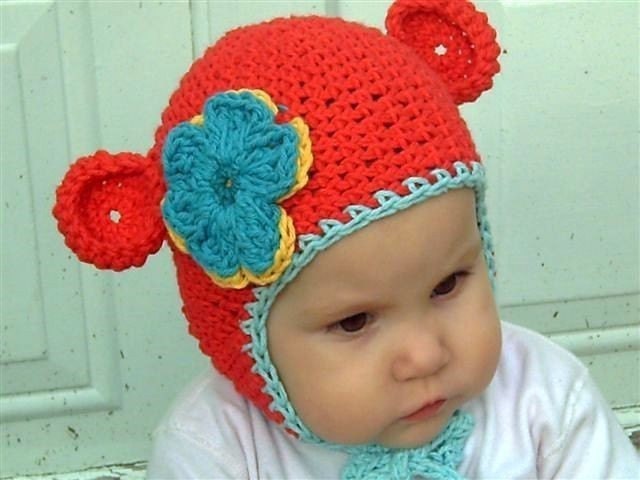 Cotton Mini Monkey Flap Hat- Cherry with Aqua Trim 6 - 24 m with flower