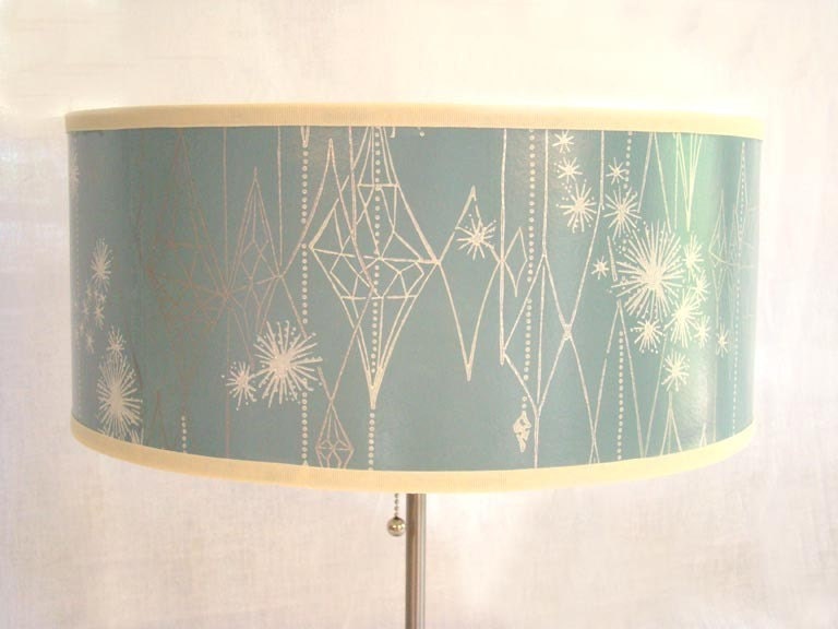Vintage Wallpaper Drum Shade 1950's Mid Century Blue Burst
