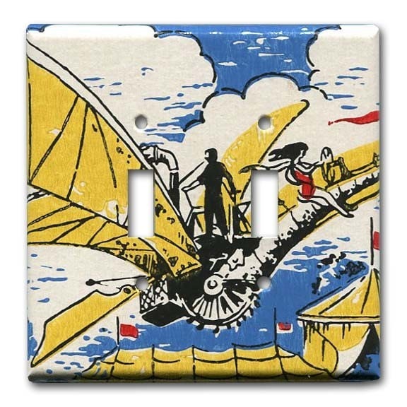 Fantastic Flying Machine 1960's Vintage Wallpaper Double Switch Plate