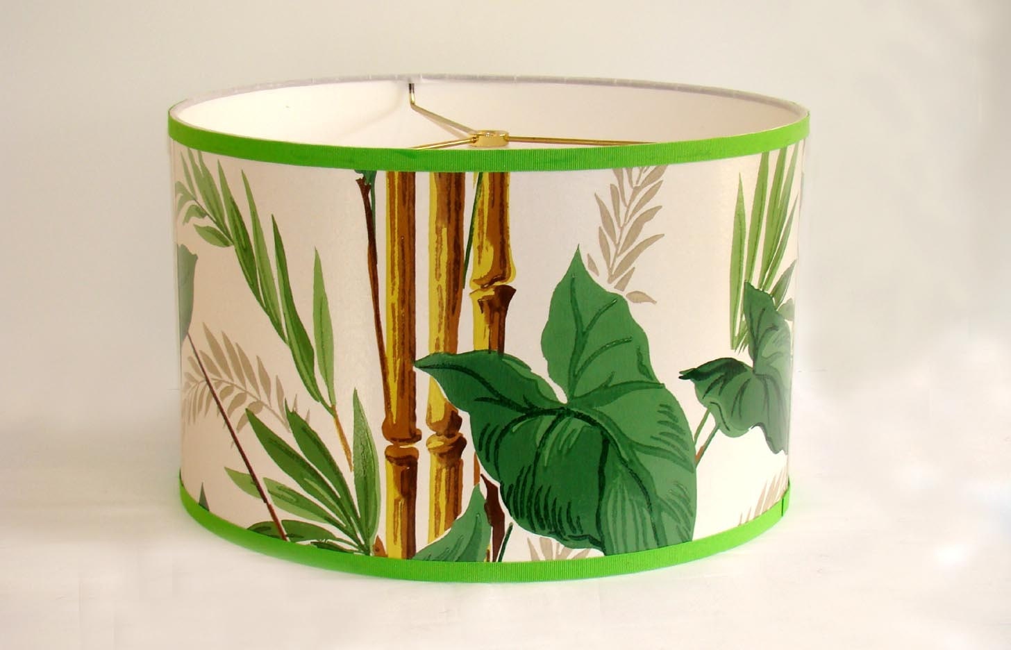 Vintage Wallpaper Drum Shade 1950's Tropical Floral Bamboo
