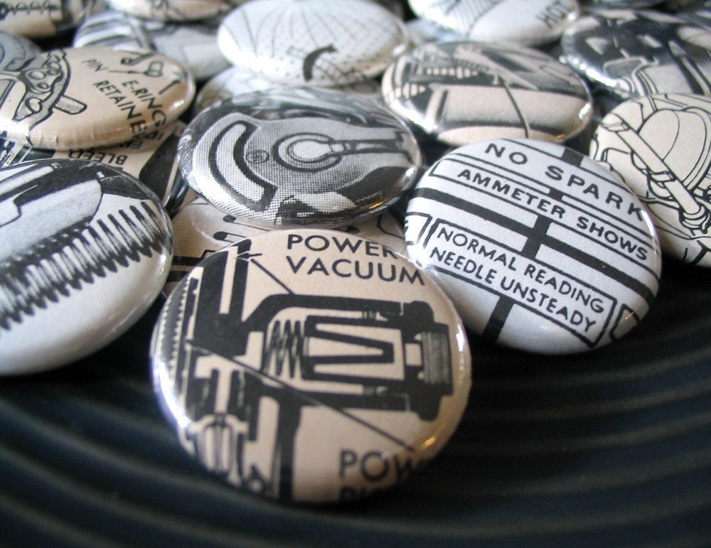 Vintage Mechanics Pinback Buttons OR Magnets - Assorted Set of 6 
