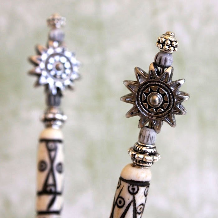 Sun Goddess hairsticks - white bone hairsticks with silver bali beads