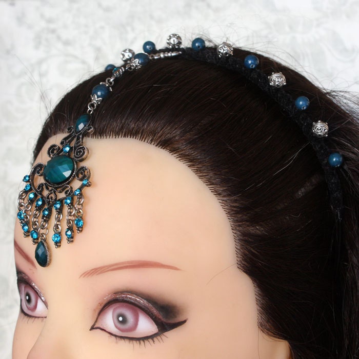 Bollywood Boho - Antique Silver and Teal Tikka Headband