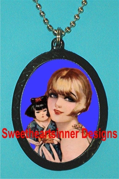 Flapper With Geisha Doll Necklace Pendant Pin Up Roaring 20s Jazz Age
