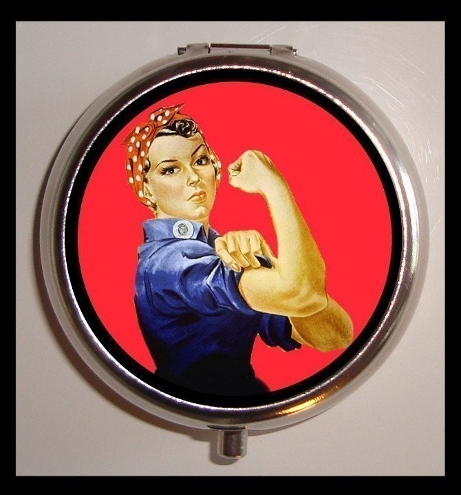 Rosie the Riveter Strong Woman Feminist Sweetheartsinner Stainless Steel Pill Box Case-Holds Pills, Vitamins, Guitar Pics, and more