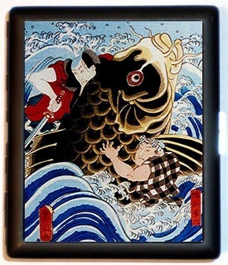 Samurai Wrestling Giant KOI Goldfish Japanese Antique Woodcut Design Kabuke Black Metal Cigarette of ID card or Wallet