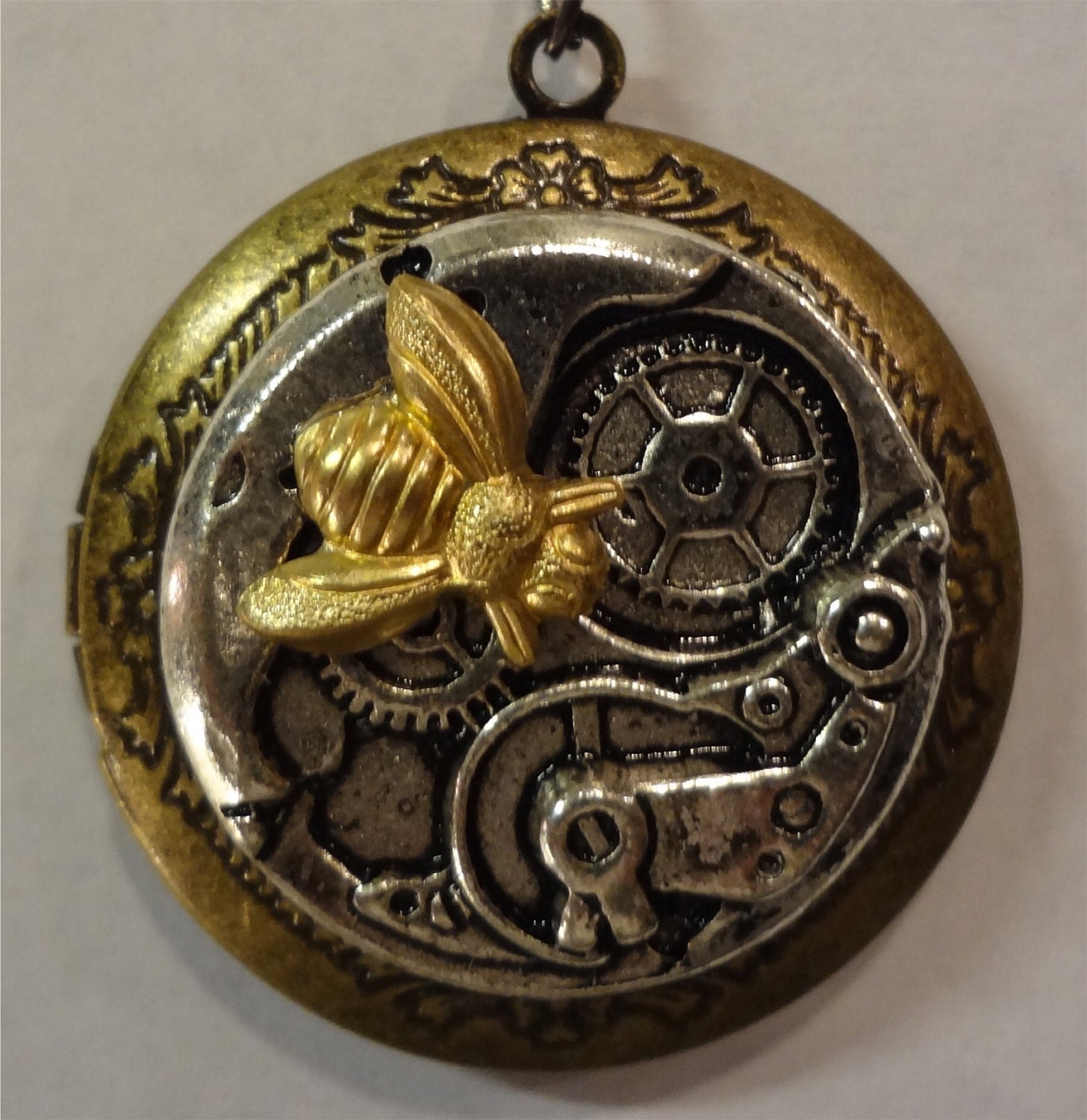 Victorian Steampunk "Let's Bee Clear" Handmade Locket Honey Bee Gear Necklace