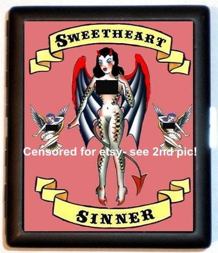 Sweetheart Sinner Original Tattoo Design Bad Girl Devil Angel Cigarette Case ID Case Business Card Holder Rockabilly Pink Punk Kitsch