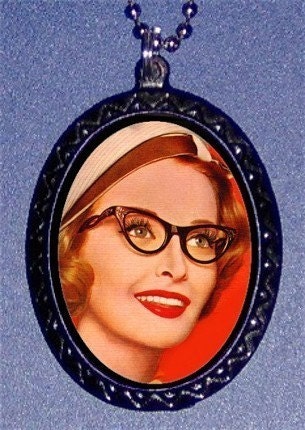 Iconic Geek Nerdy Look Fifties Cat Eye Glasses Model Retro Design Handmade Handcasted Metal Pendant handpainted black and ballchain Necklace