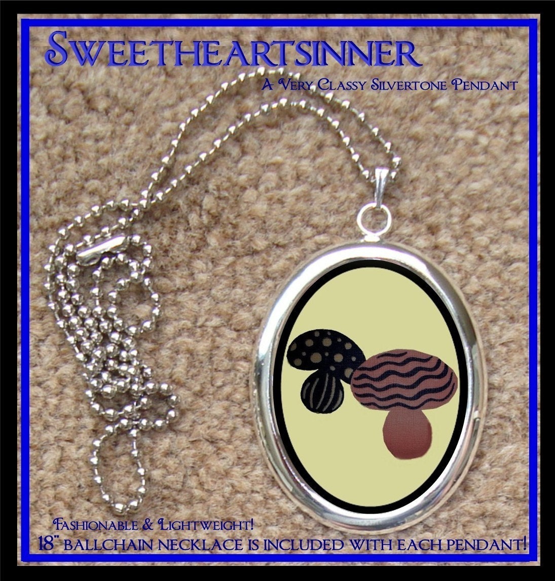 DIVINE BLISS DESIGNS - Silver Tone Pendant With Chain - 70s Kitsch Mushrooms