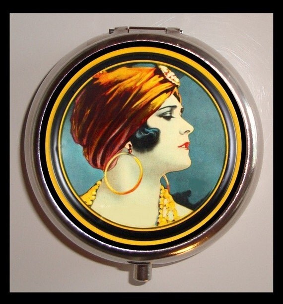 Sexy Pinup Flapper Classic Classy Sexy Turban Pill box Pillbox Case Holder for Vitamins Drugs Birth Control