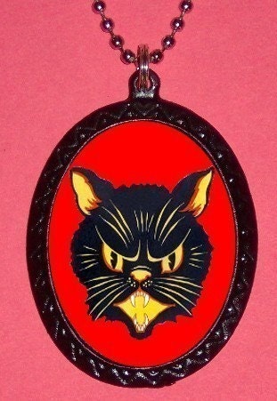 RED Black cat Halloween Horror Handmade Handcasted Metal Pendant handpainted black and ballchain Necklace