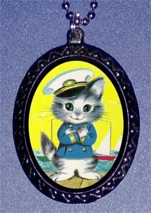 Cute  Kitty Super Kawaii Handmade Handcasted Metal Pendant handpainted black and ballchain Necklace