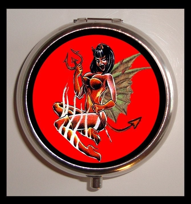 Devil Gal Tattoo Retro Pill box Pillbox Case Holder for Vitamins Drugs Birth Control