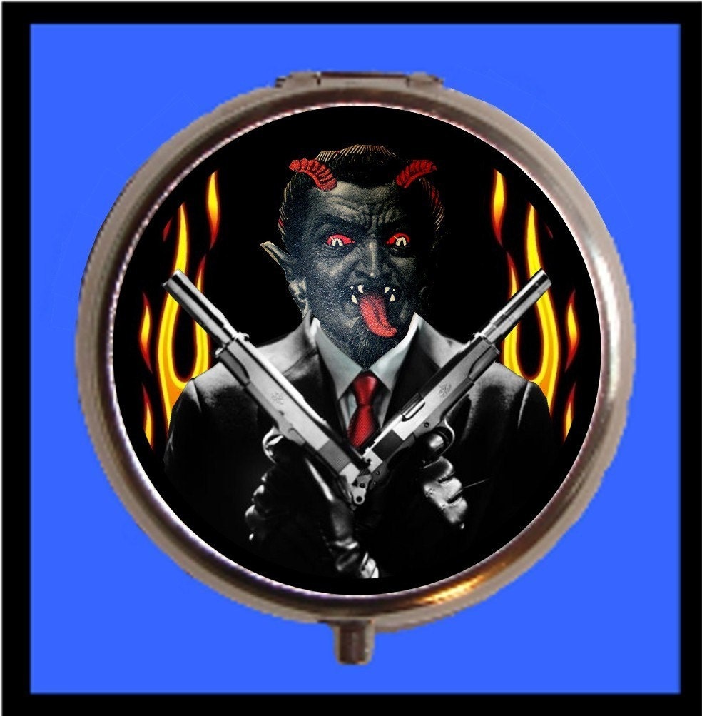 Devil Mobster Krampus Satan Psychobilly Goth Horror Pillbox Pill Box Case Holder for Vitamins Pills