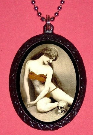 Art Nouveau Woman with Human Skull Esoteric Risque Oddity Victorian Medical Necklace Pendant