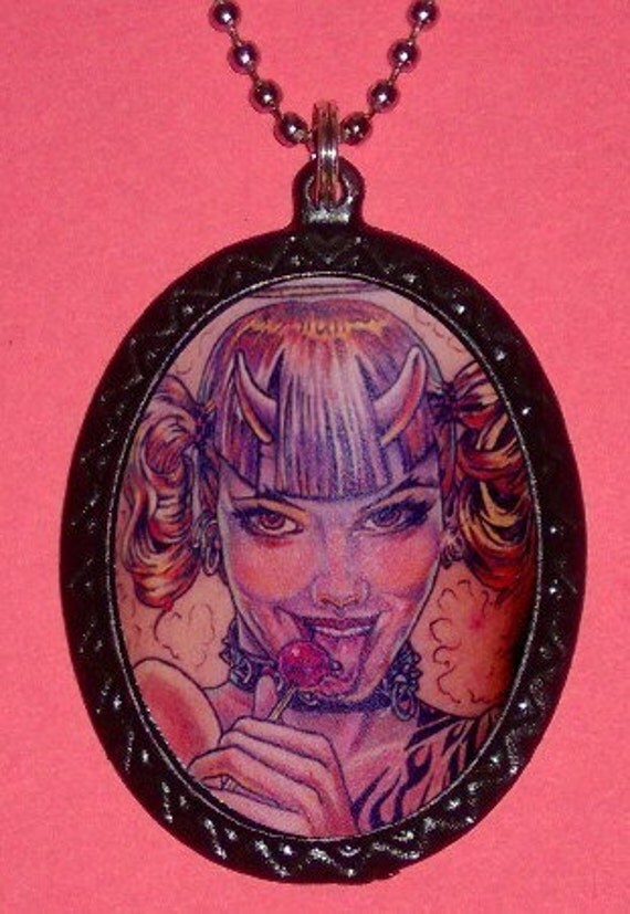 Tattoo Chick Lolipop Lolita PUNK Goth EMO Tounge Piercing devil Girl Psychobilly DIY necklace PINK