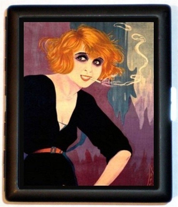 Pinup Redhead Paranoid Smoking Art Deco Flapper Painting Hollow Harlowesque Eyes Cigarette Case or ID card or Wallet